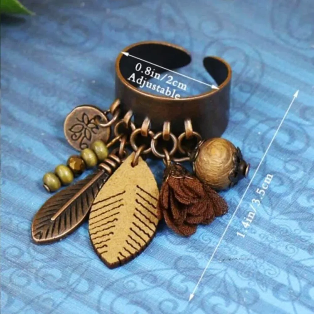 Ring. Bohemian Style Adjustable Antique Bronze Feather Tassel Bead Charms. OSFM. - Picture 8 of 10